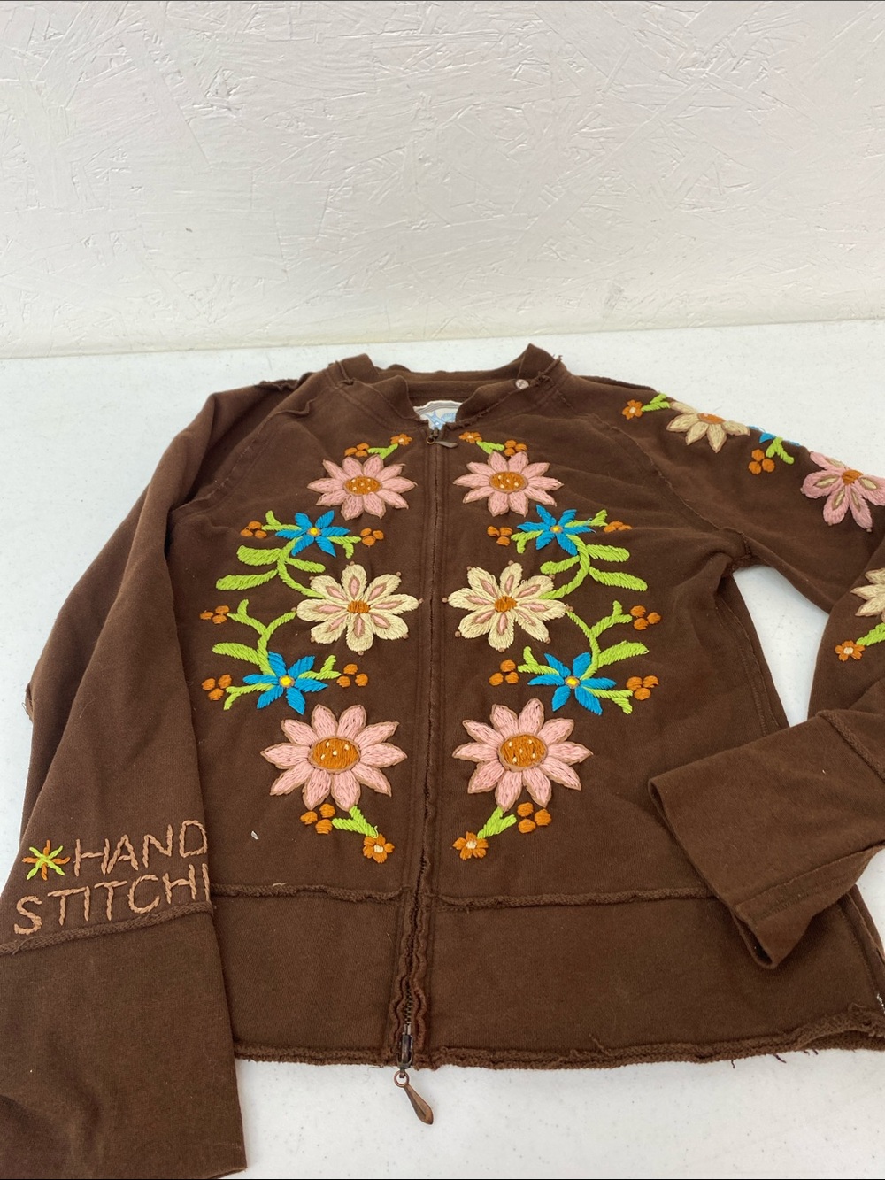 JoyStick Brown Embroidered Zip Jacket with Floral Appliqué hand stitched
